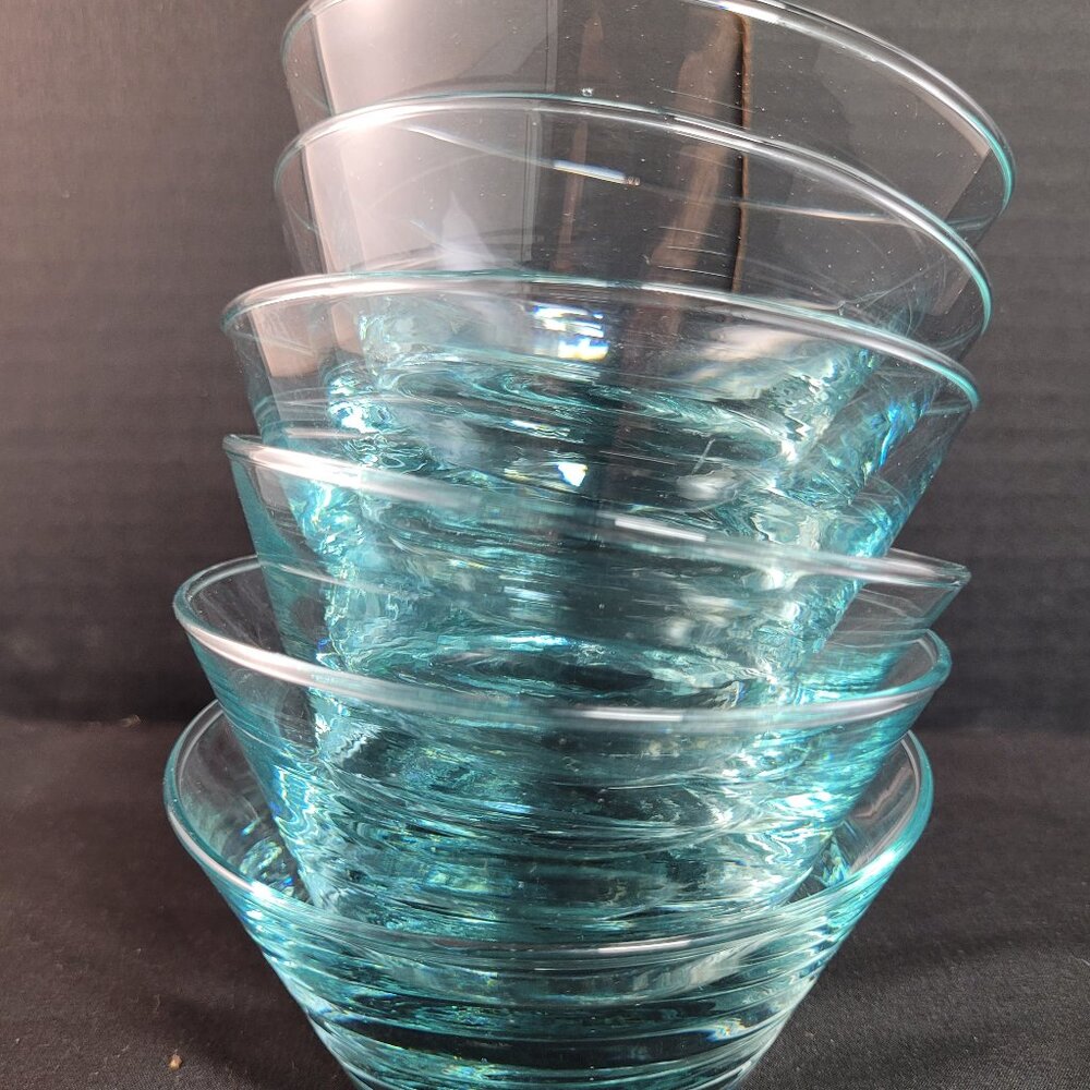 6 Vintage Libbey Glass Saturn Optic Aqua Ice Blue Ripple Sherbet Bowls EUC HTF